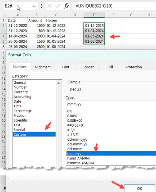 Formatting beginning of month date to mmm-yy in Excel