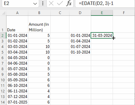 Sequence of quarter start and end dates in Excel