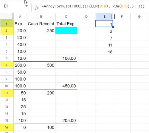 Step 1: Identifying Row Numbers of Non-Blank Cells in Column B