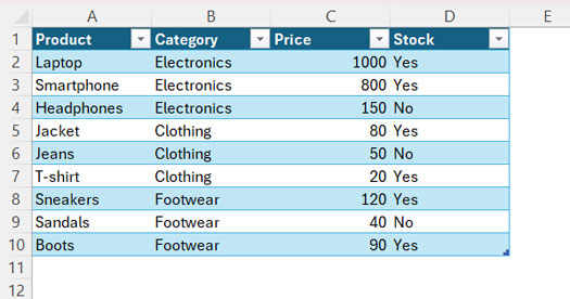 Sample data table for testing XLOOKUP with visible rows in Excel