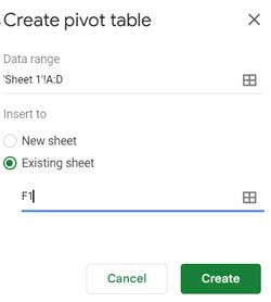 Select data and the cell to insert the pivot table