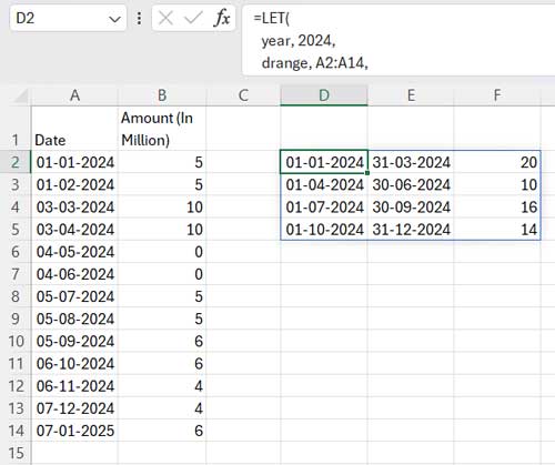 Example of Sum by Quarter Using Dynamic Array Formula in Excel
