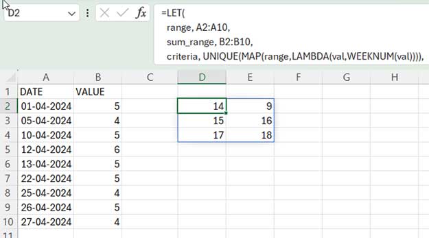 Dynamic Array Formula for Sum by Week in Excel