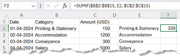 Sum values by category in Excel