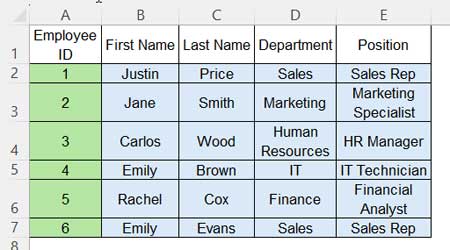 Sample employee data table for merging in Excel (Table 1)