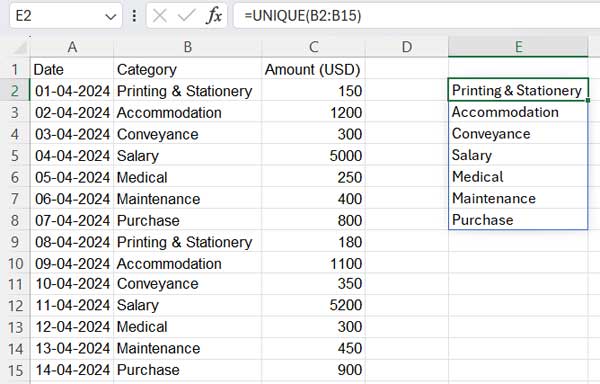 Unique categories from a range in Excel