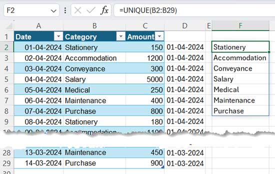 Unique Categories for SUMIFS (Column Labels) in Excel