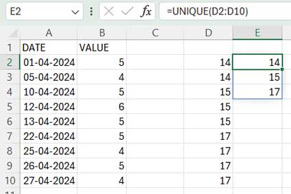 Excel formula to return the unique week numbers