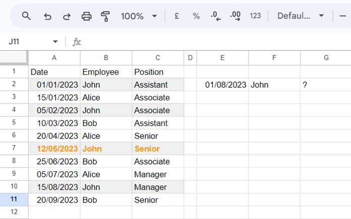 Sample Data for VLOOKUP in a Date Range in Google Sheets
