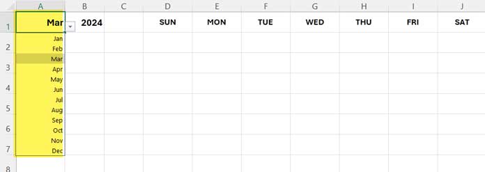 Drop-down menu displaying month names in Excel for calendar selection