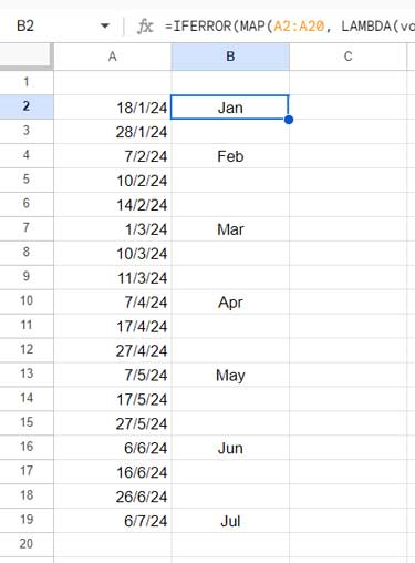 Example: Month Names in a Column at Month Start Rows