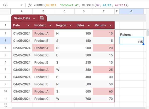 XLOOKUP in the sum_range argument of the SUMIF function in Google Sheets