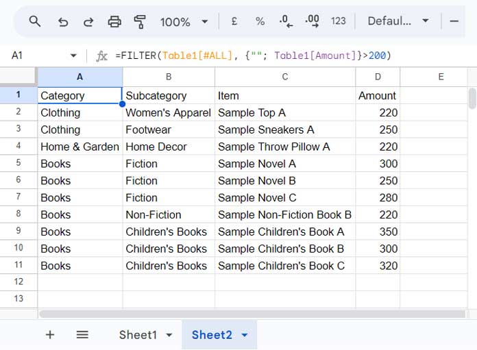 Structured Table References in FILTER Formula in Google Sheets