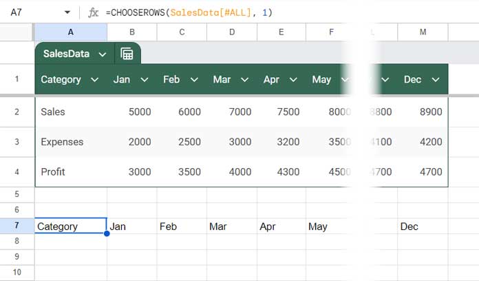 First row extraction from a table in Google Sheets