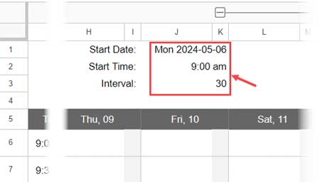 Start date, time, and interval for the template