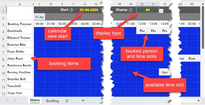 Explore the Status worksheet of the hourly time slot booking template in Excel