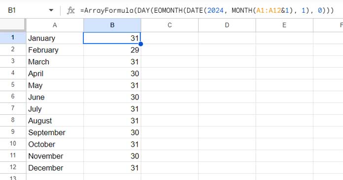 Month list and the number of days in each month