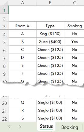 Data Entry in the Hotel Room Availability and Booking Template