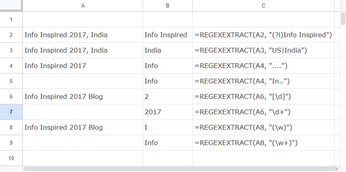 Examples of REGEXEXTRACT Function in Google Sheets - Set #1