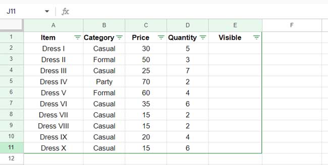 Sample data for SUMIF excluding hidden rows