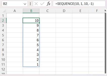 Custom Descending Sequence List of Numbers in Excel