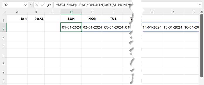 Unformatted calendar formula displayed in Excel