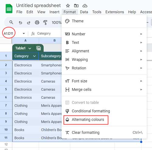 Customizing Alternating Colors of a Table in Google Sheets