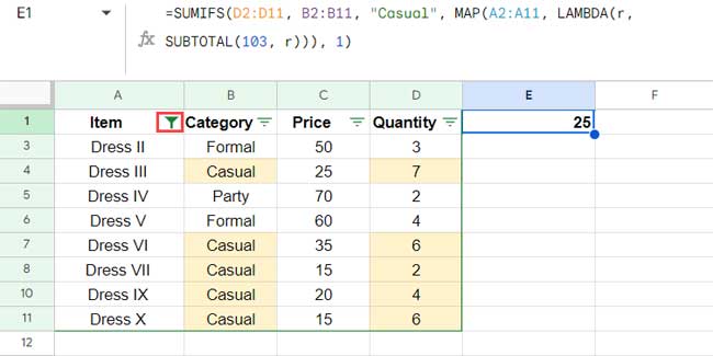 Using MAP Lambda within SUMIFS to Handle Filtered Rows