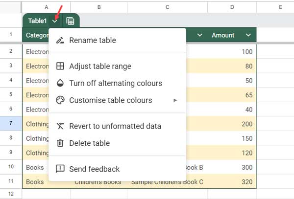 Accessing Table Menu Options in Google Sheets