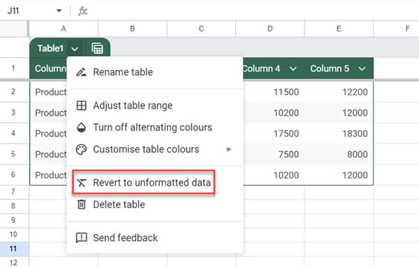 Convert Table to Range Option in Google Sheets Context Menu