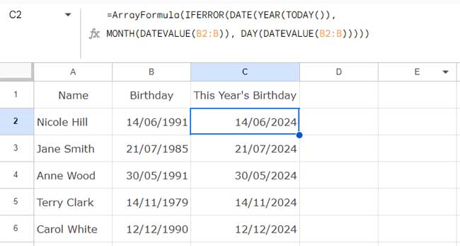 Converting birthdays to this year's birthday in Google Sheets