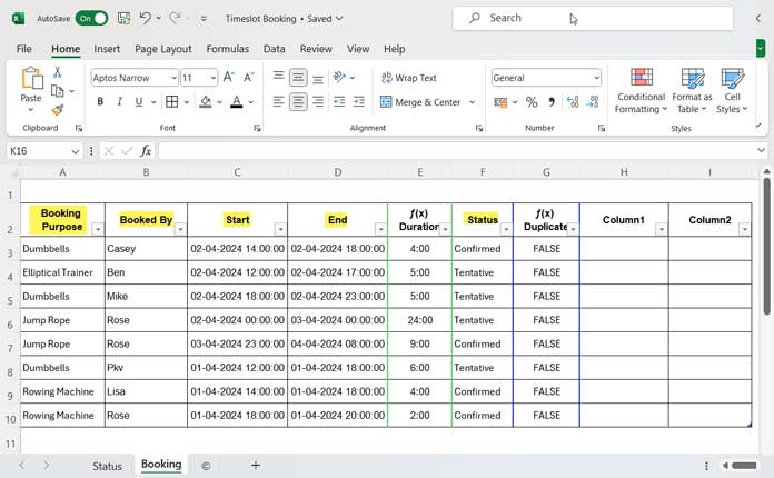 Input fields for item, booking person, start time, end time, and status