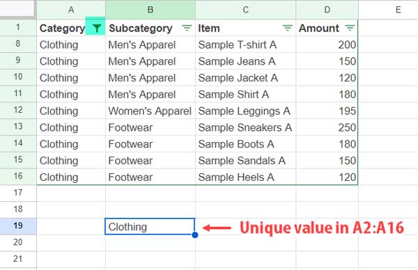 UNIQUE Function in Visible Rows in Google Sheets