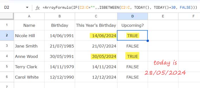 Logical test for filtering upcoming birthdays in Google Sheets