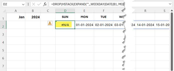 Adjusting the start date placement under the correct weekday name in Excel