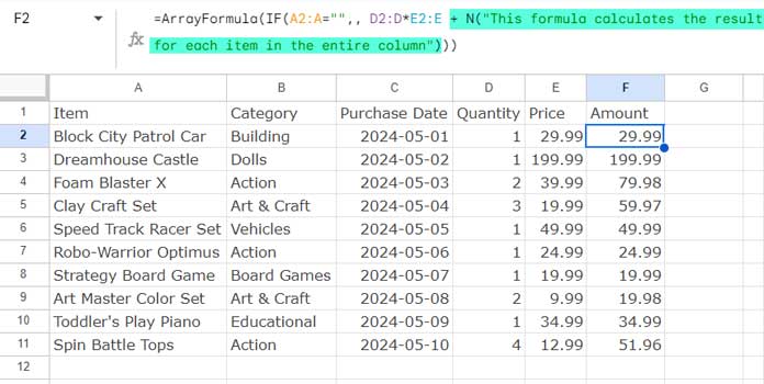 Adding a comment inside an array formula in Google Sheets