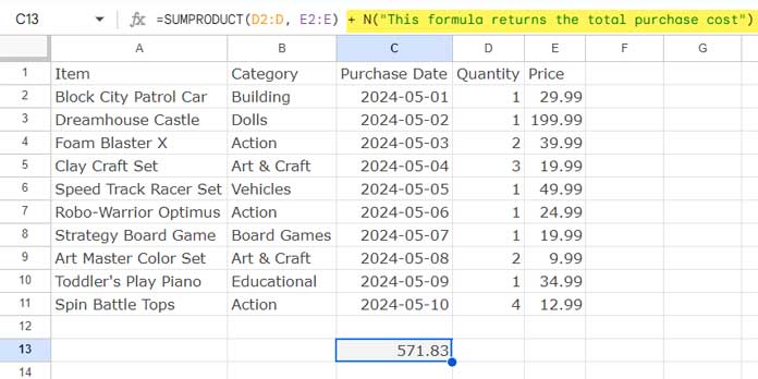 Adding a comment inside a non-array formula in Google Sheets