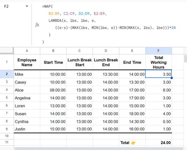 Example: Automatically Deduct Lunch Breaks in Google Sheets