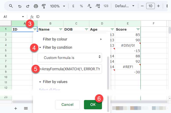 Filtering error rows with a custom formula in Sheets