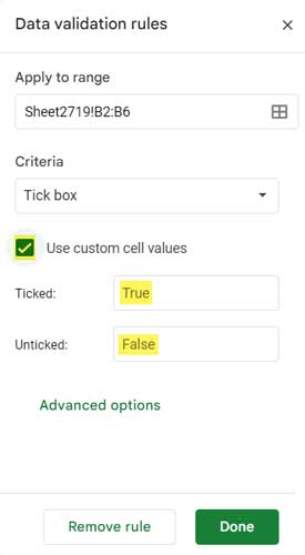 Data validation for tick box customization