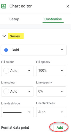 Adding data points to customize the color in Bar, Column, and Scatter Charts