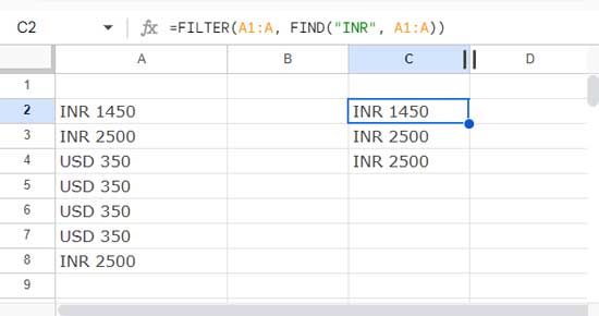 FIND function with FILTER function in Google Sheets