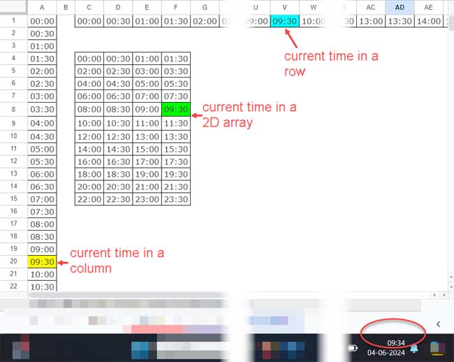 Highlighting the current time in a cell in Google Sheets