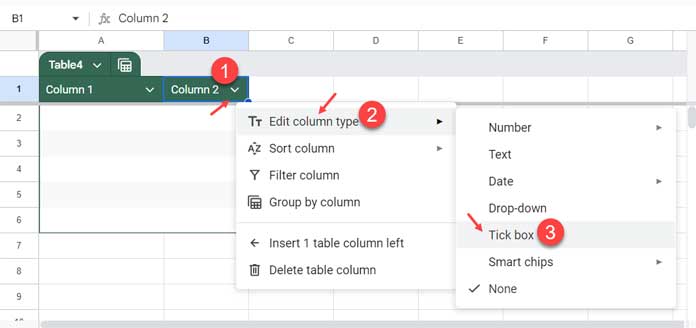 Inserting Tick Box Using Table Column Type