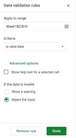 Data validation settings to enable a date picker