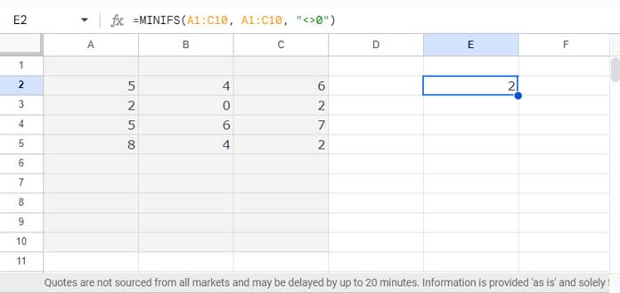 MIN excluding zeros in 2D array in Google Sheets