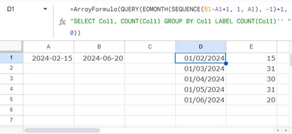 Number of months and days between start and end date