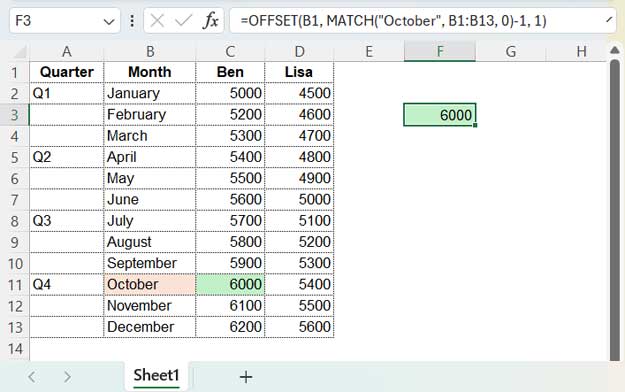 OFFSET-MATCH example with single value output in Excel
