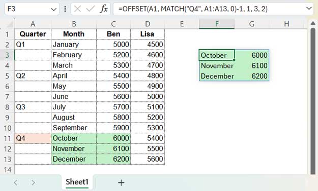 OFFSET-MATCH example with multiple value output in Excel