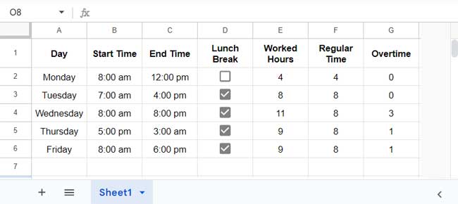 Worked Hours, Regular Time, and Overtime Calculations in Google Sheets